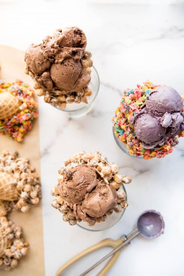 overhead of fancy waffle cones in glasses