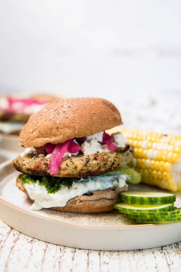 side angle of falafel turkey burger