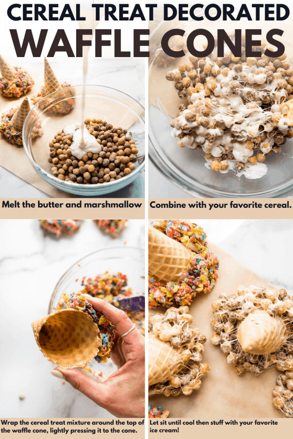 collage of steps making cereal treat decorated ice cream cones