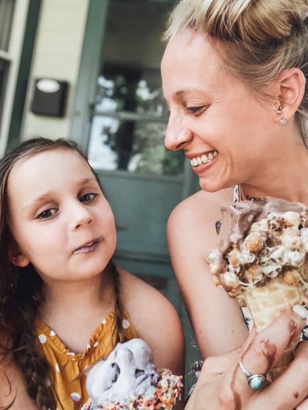 mom and daughter with melty ice cream