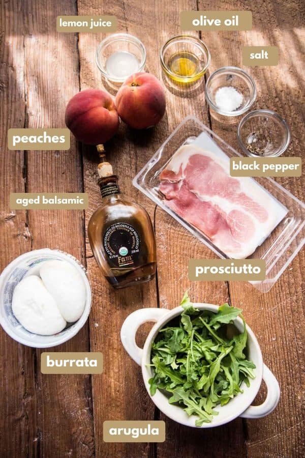 labeled ingredients for peach burrata salad