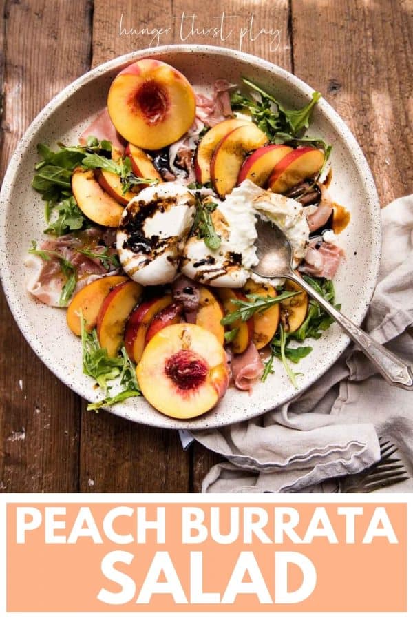 overhead photo of a platter full of peach salad
