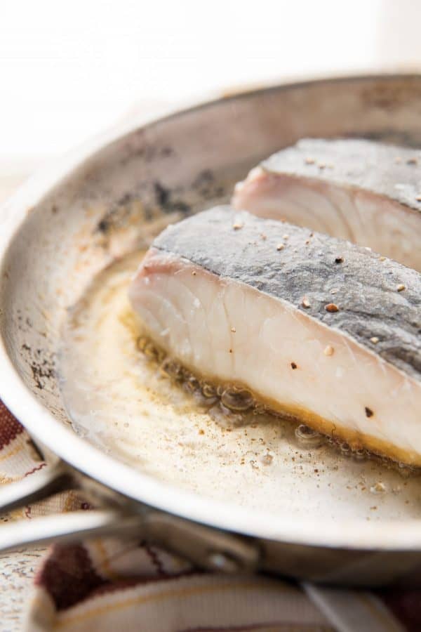 halibut fillets pan searing in oil