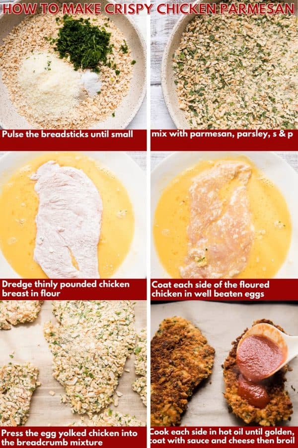 collage of step by step photos to make crispy chicken parmesan