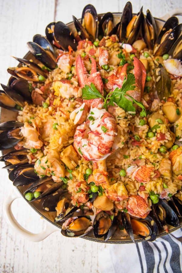 overhead of braiser pan with seafood paella