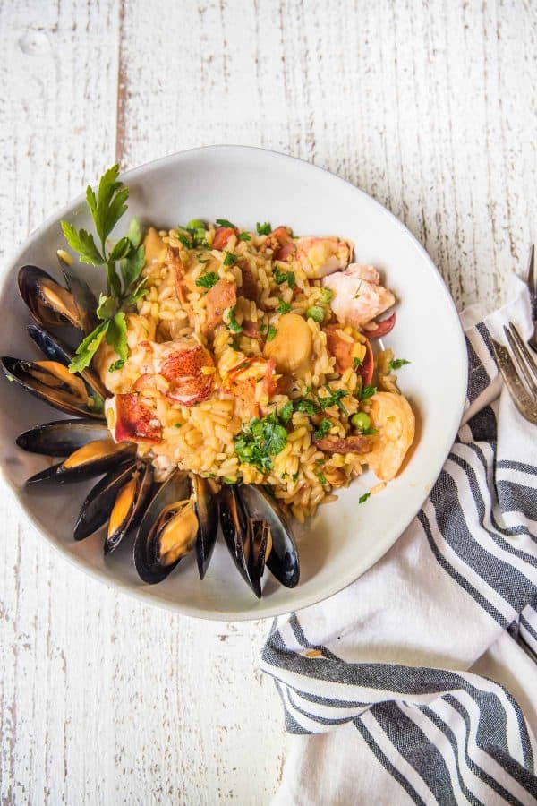 seafood paella in a bowl