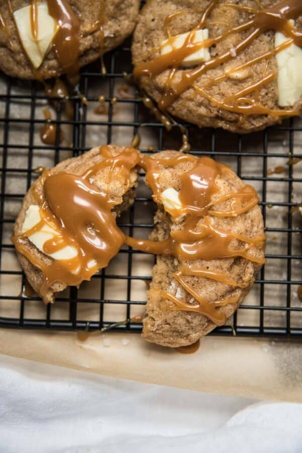 close up of caramel on a cookie