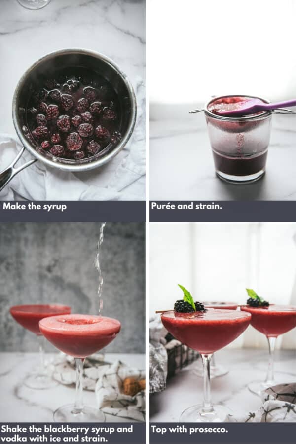 collage of process shots for making blackberry martinis