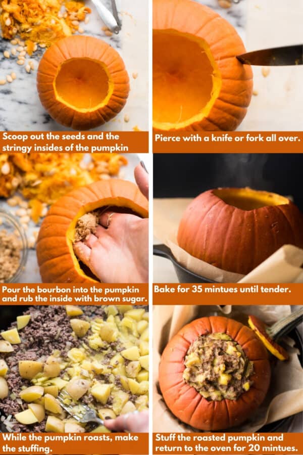 process shots for roasting and stuffing a pumpkin