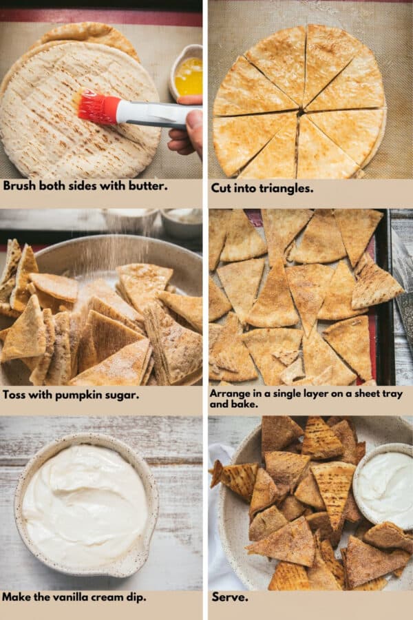 step by step process shots of making pumpkin spice pita chips