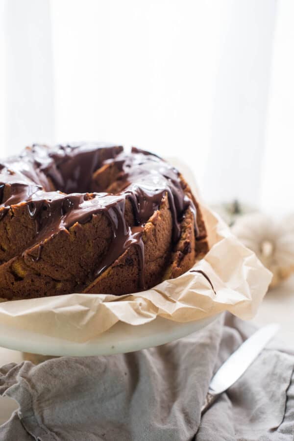 side angle of chocolate covered pumpkin bundt cake