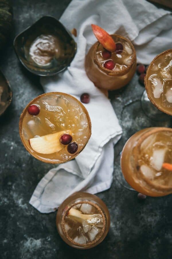 overhead of glasses filled with fall sangria