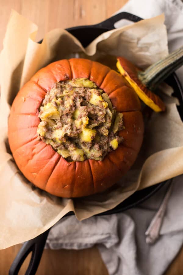 overhead photo of beef and potato stuffed pumpkin