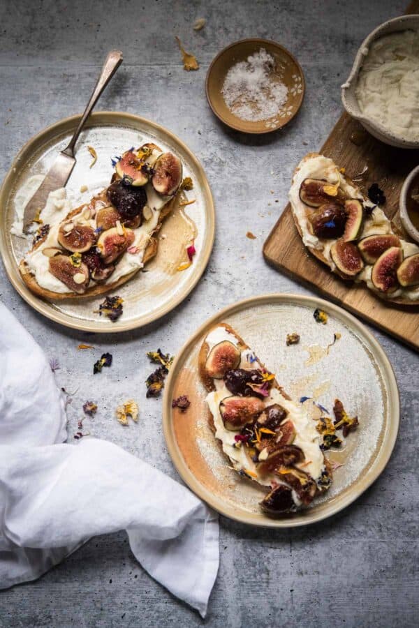 overhead of toast with figs on plates