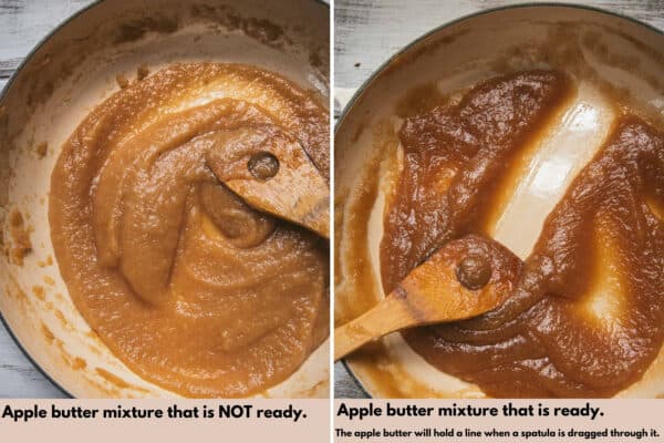 two photos of apple butter when it's not ready and when it is done cooking