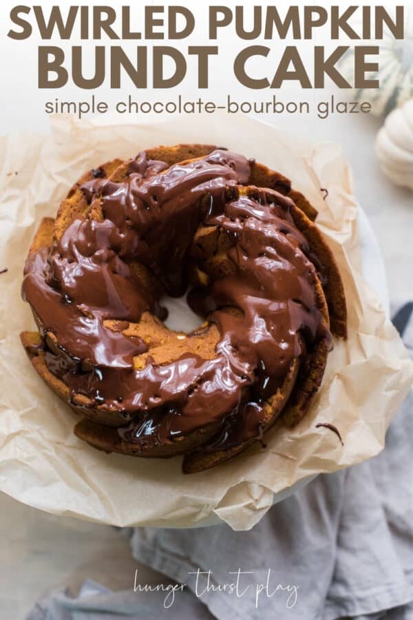 overhead of chocolate glaze covered bundt cake on parchment paper