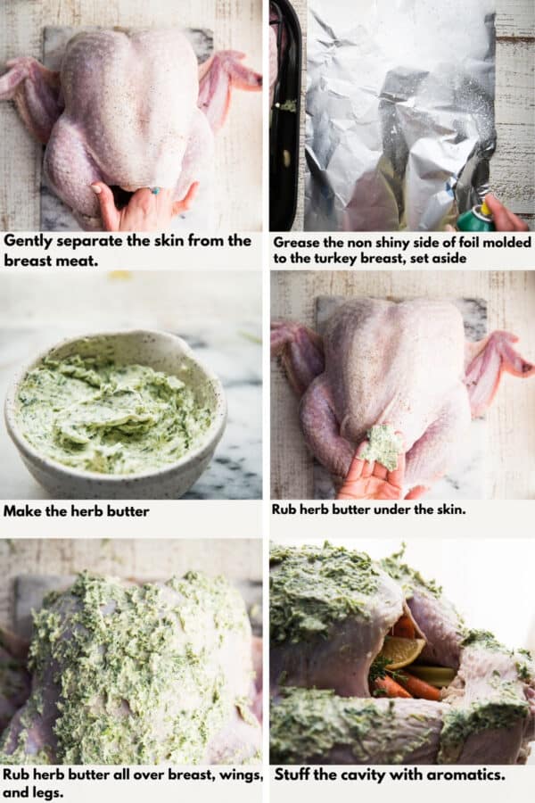 collage of steps for prepping herb roasted turkey