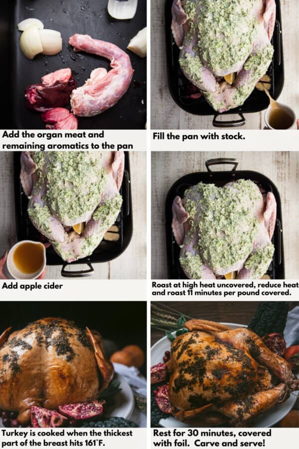 collage of steps for prepping herb roasted turkey