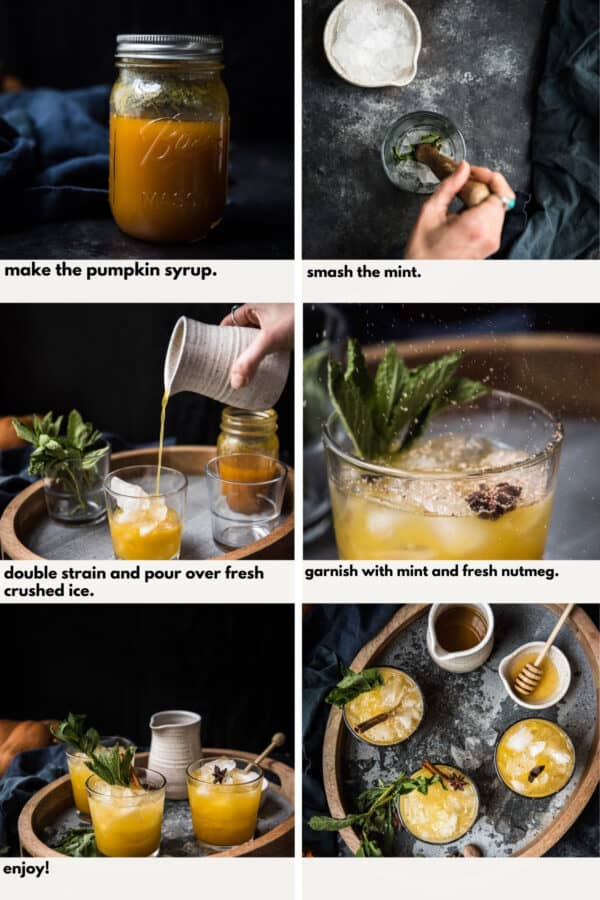 collage of steps to make honey pumpkin whiskey smash cocktails