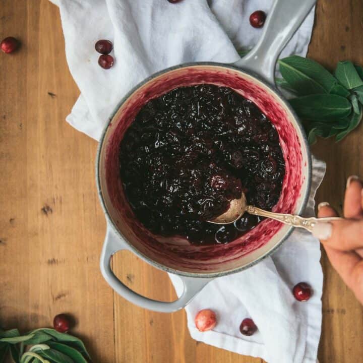 spooning cranberry sauce out of a pan