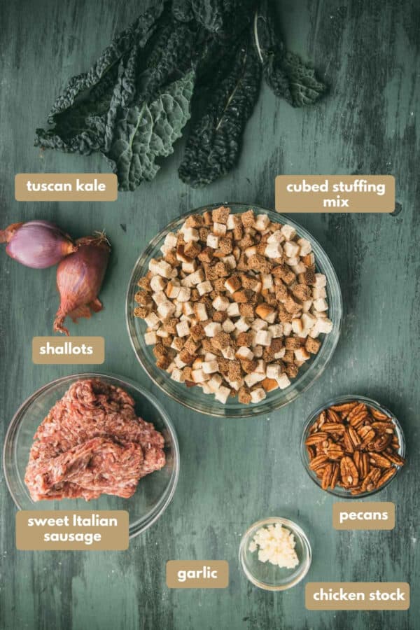 labeled ingredients for sausage and kale stuffing