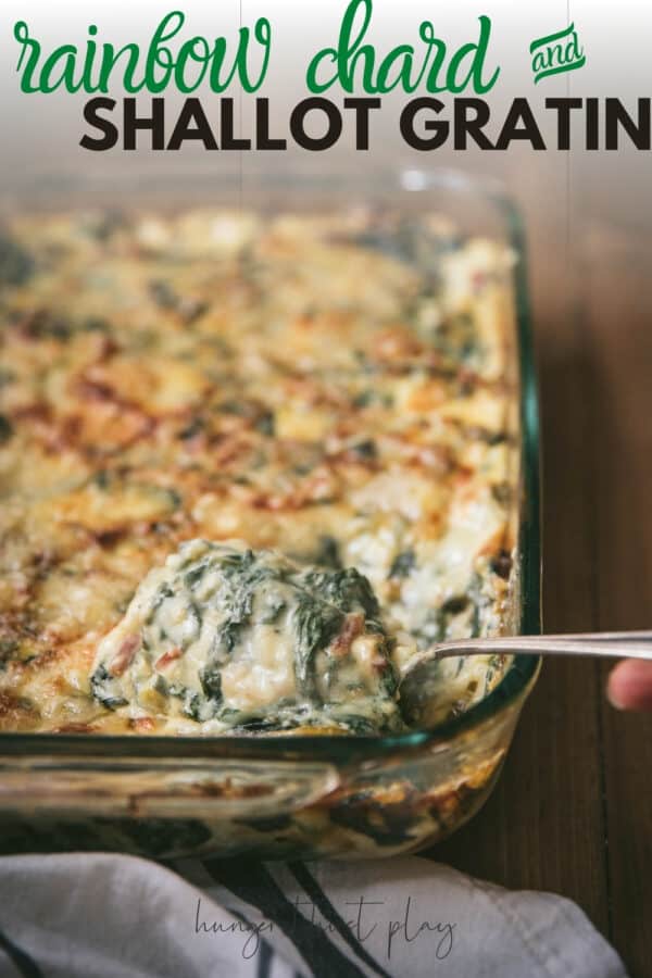 spoon scooping rainbow chard gratin out of baking dish