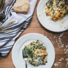 chard gratin on small plates with blue and white napkin