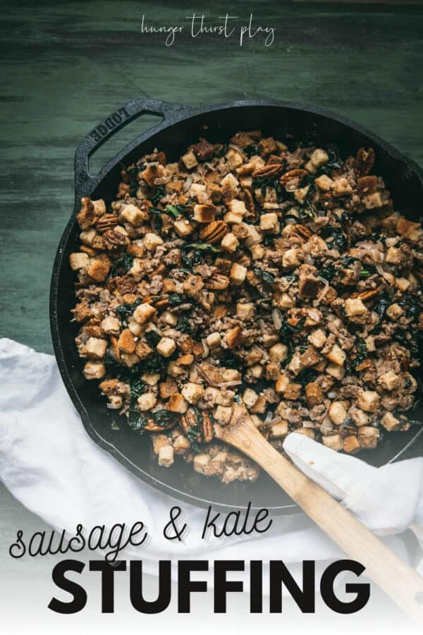 stuffing in a cast iron skillet with wooden spoon