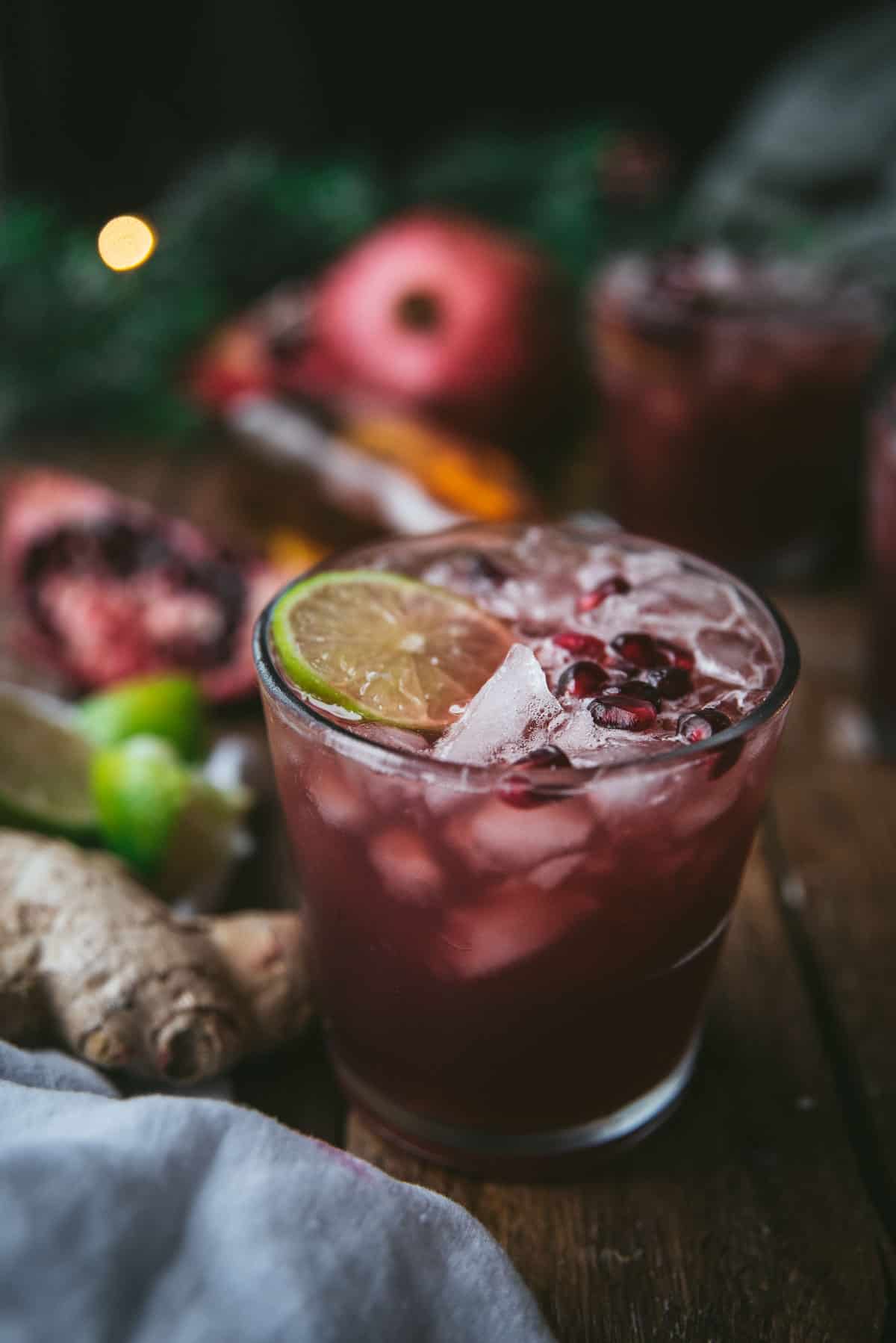 close up of pomegranate ginger bourbon cocktail