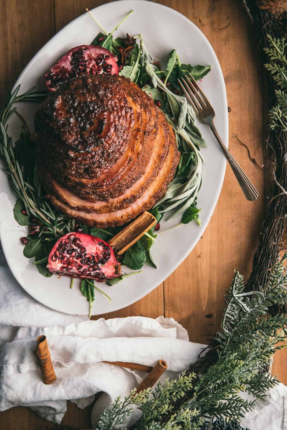 overhead angle of spiral cut ham with winter spiced glaze