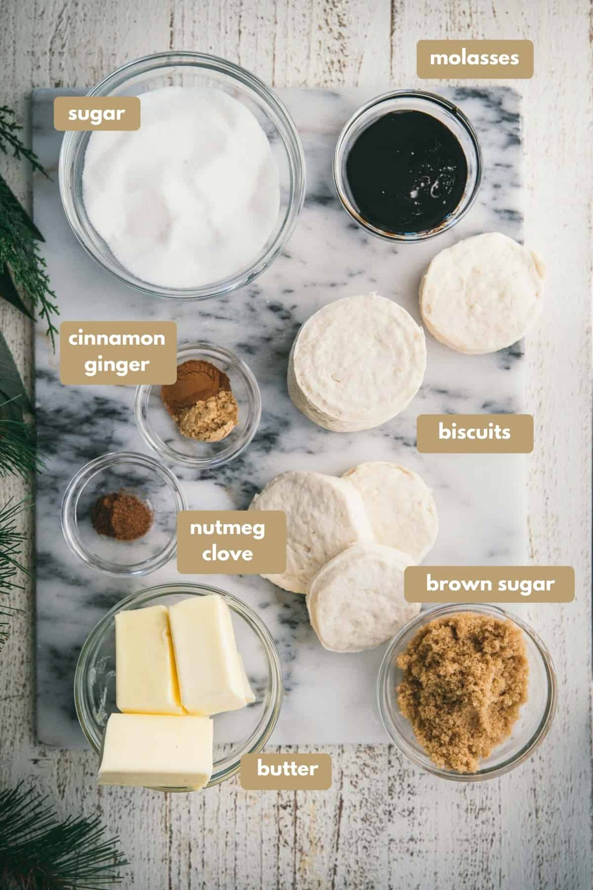 labeled ingredients for gingerbread monkey bread