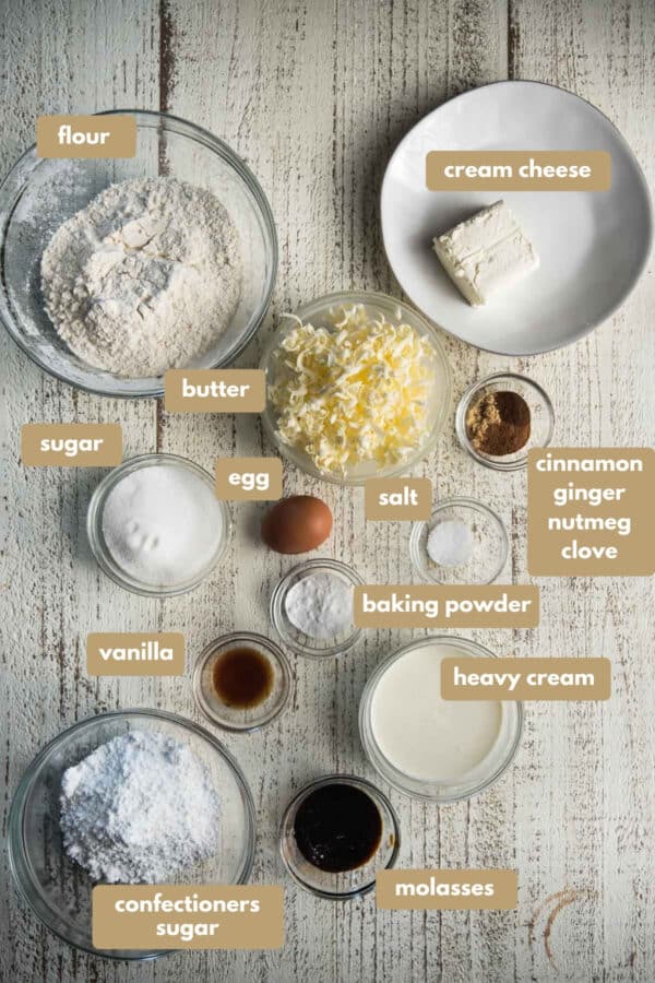 labeled ingredients for gingerbread scones