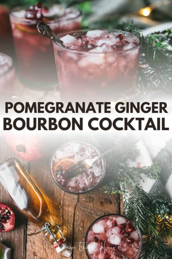 collage of pomegranate cocktail in high ball with bourbon in a glass bottle