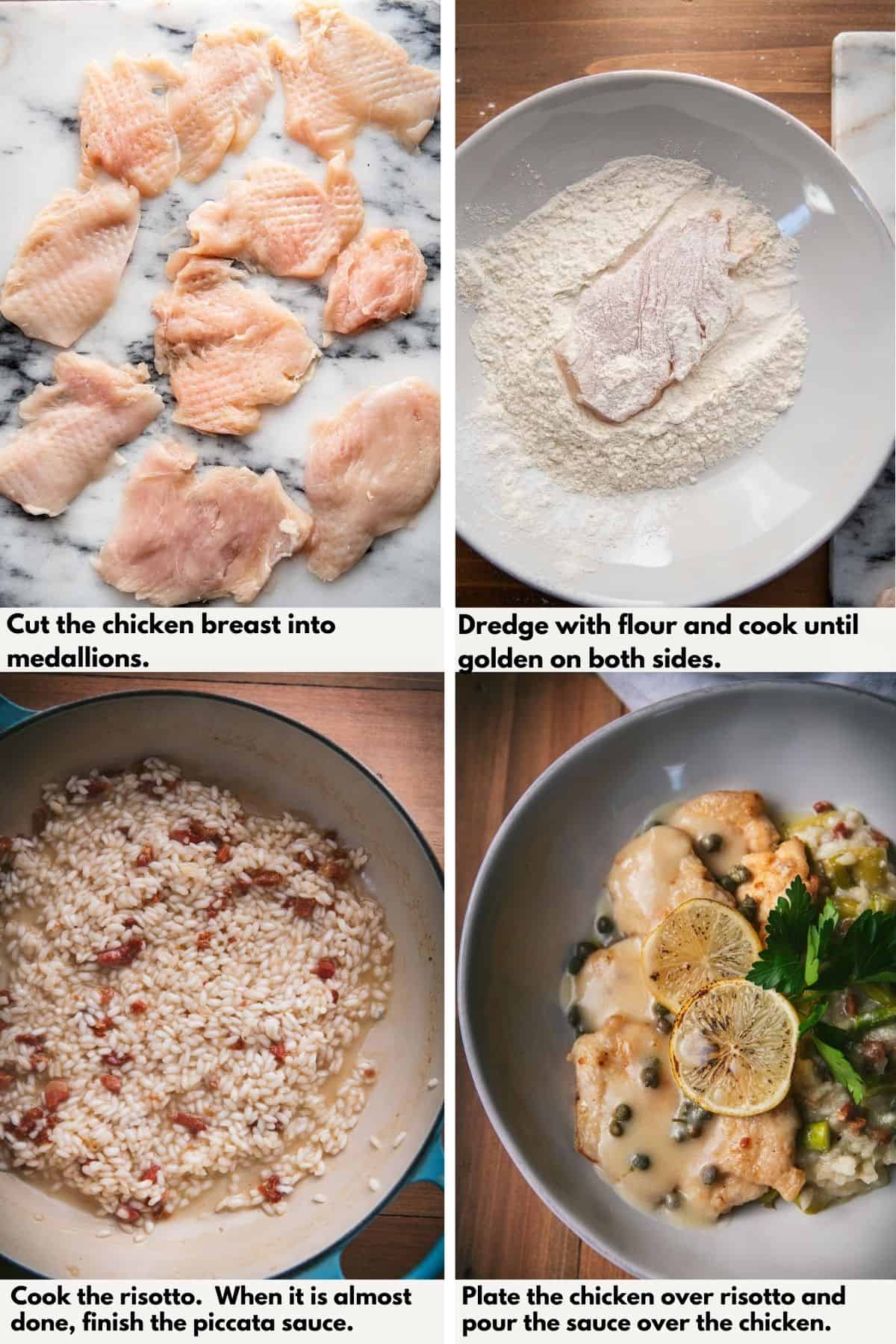 collage of steps to make chicken piccata with risotto