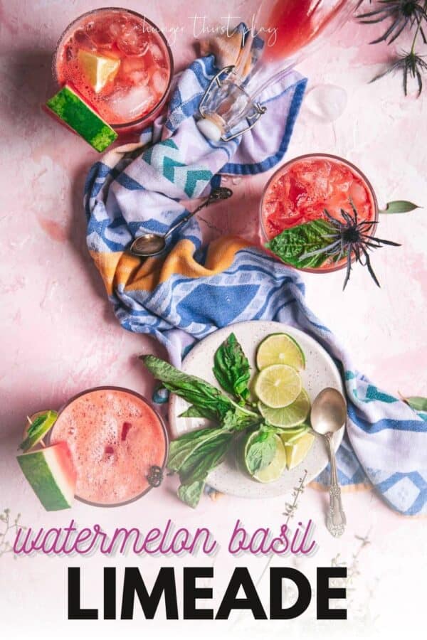 overhead of watermelon soda in classes on pink background with blue napkin