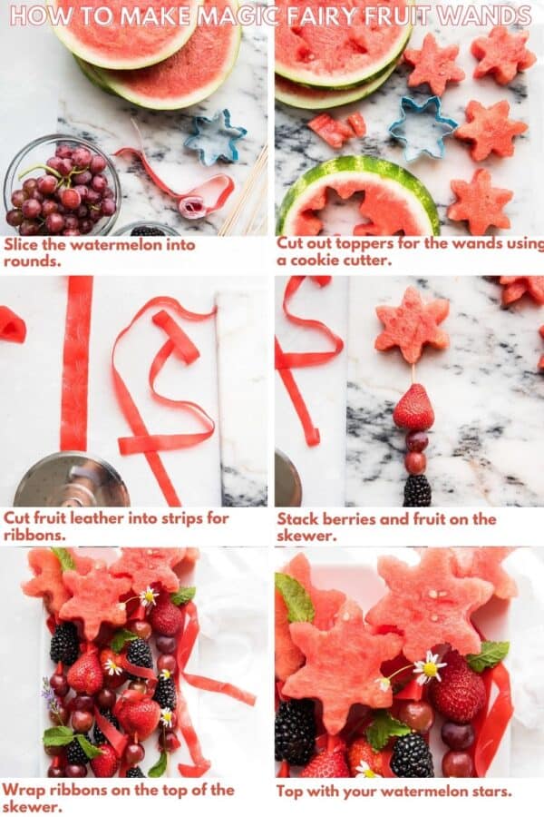 collage of steps to make fairy wands out of fruit