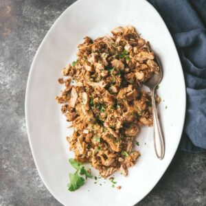 platter of chipotle chicken thighs with a spoon