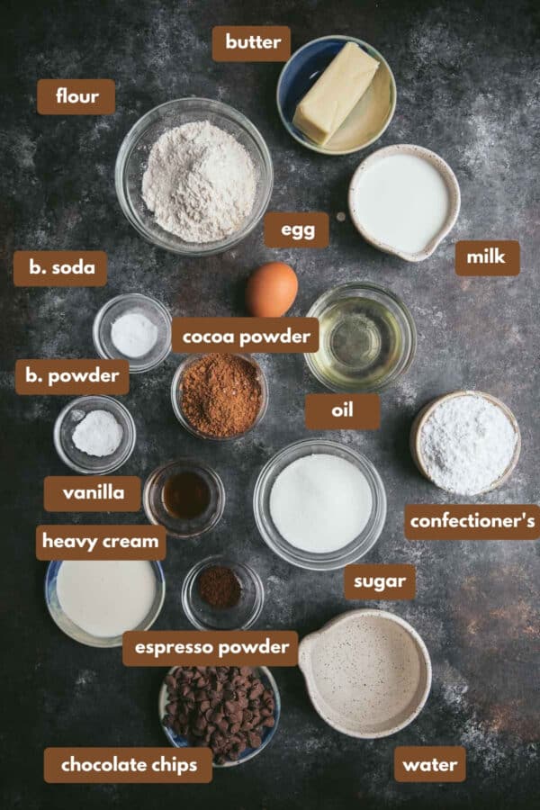 labeled ingredients for chocolate cake for two