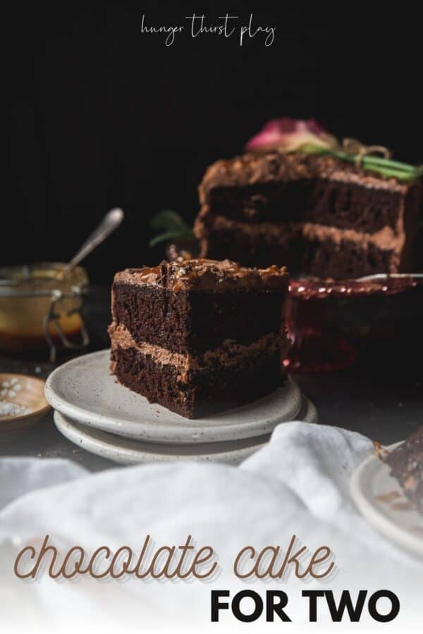 slice of chocolate layer cake on a plate with the cake in the background