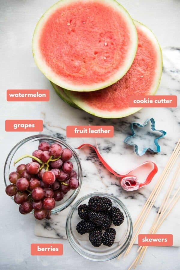 labeled ingredients for making magic fairy fruit skewers