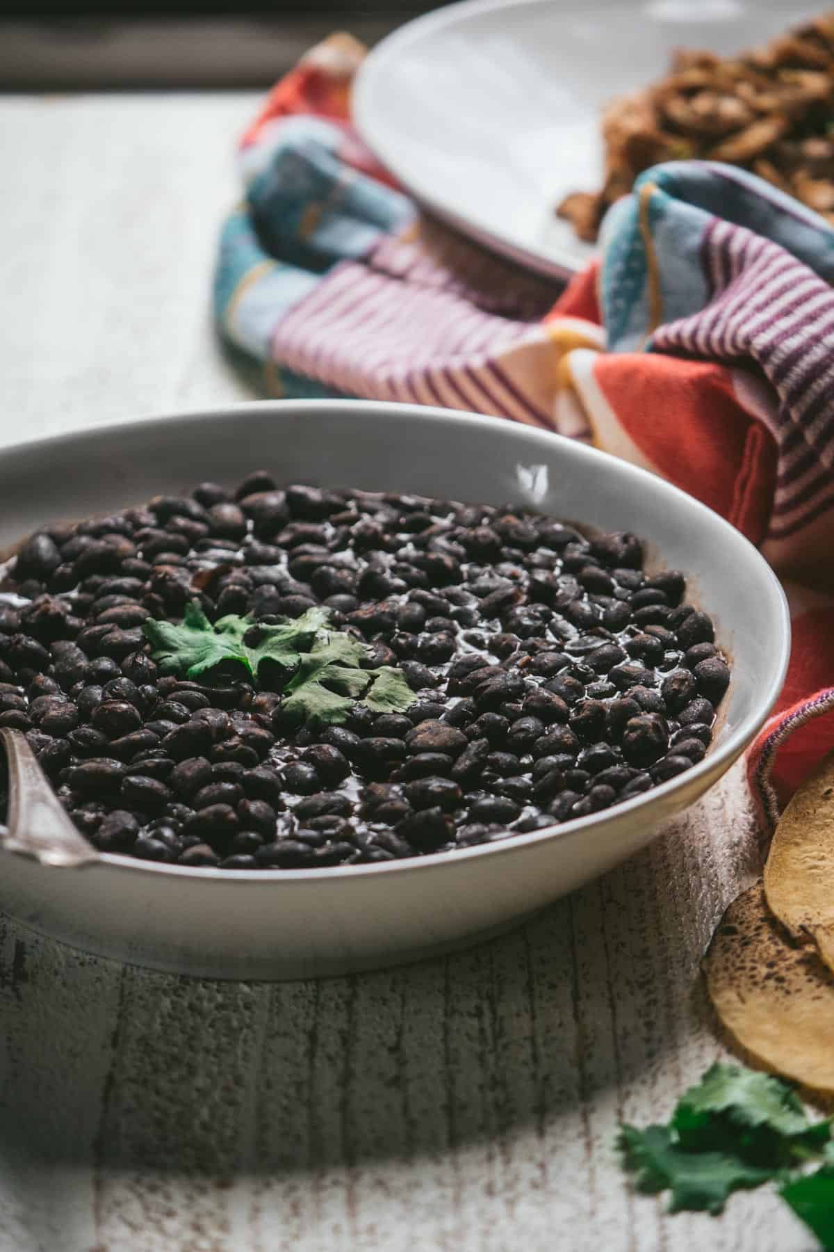 side angle of beans in a low bowl with a serving spoon