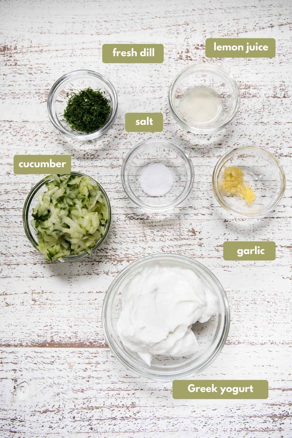 labeled ingredients for tzatziki sauce