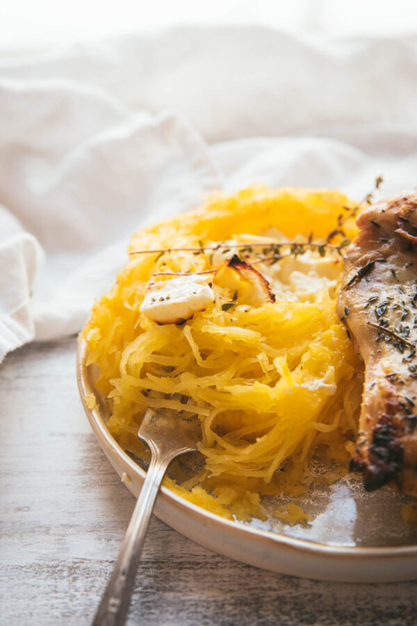 baked spaghetti squash with feta served with chicken