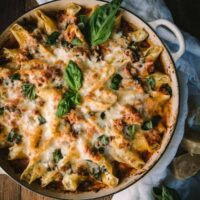 baked stuffed shells in a large braiser