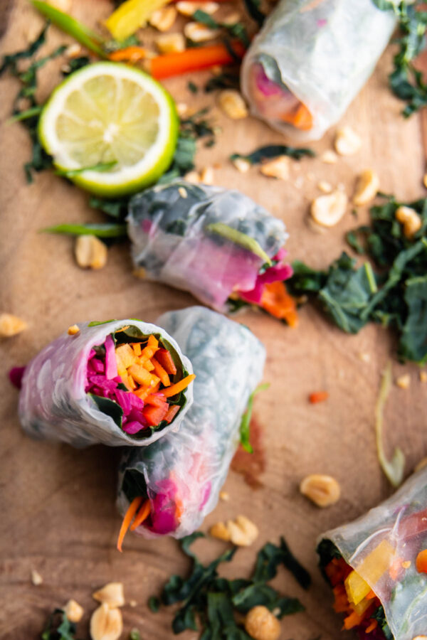 close up of veggies in a rice paper wrap 