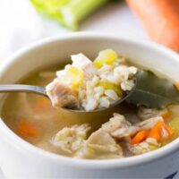 chicken and rice soup in a bowl