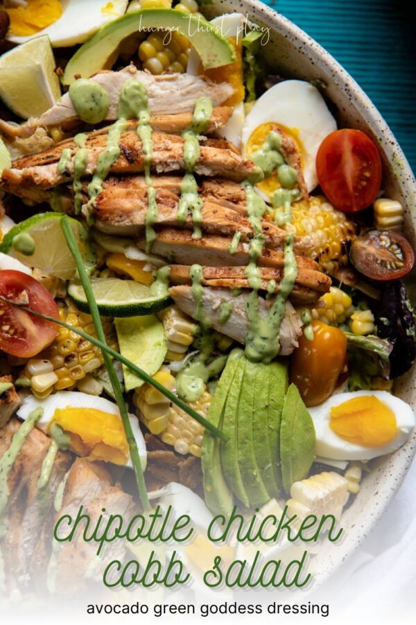 close up of salad with avocado, chicken, eggs, cherry tomatoes