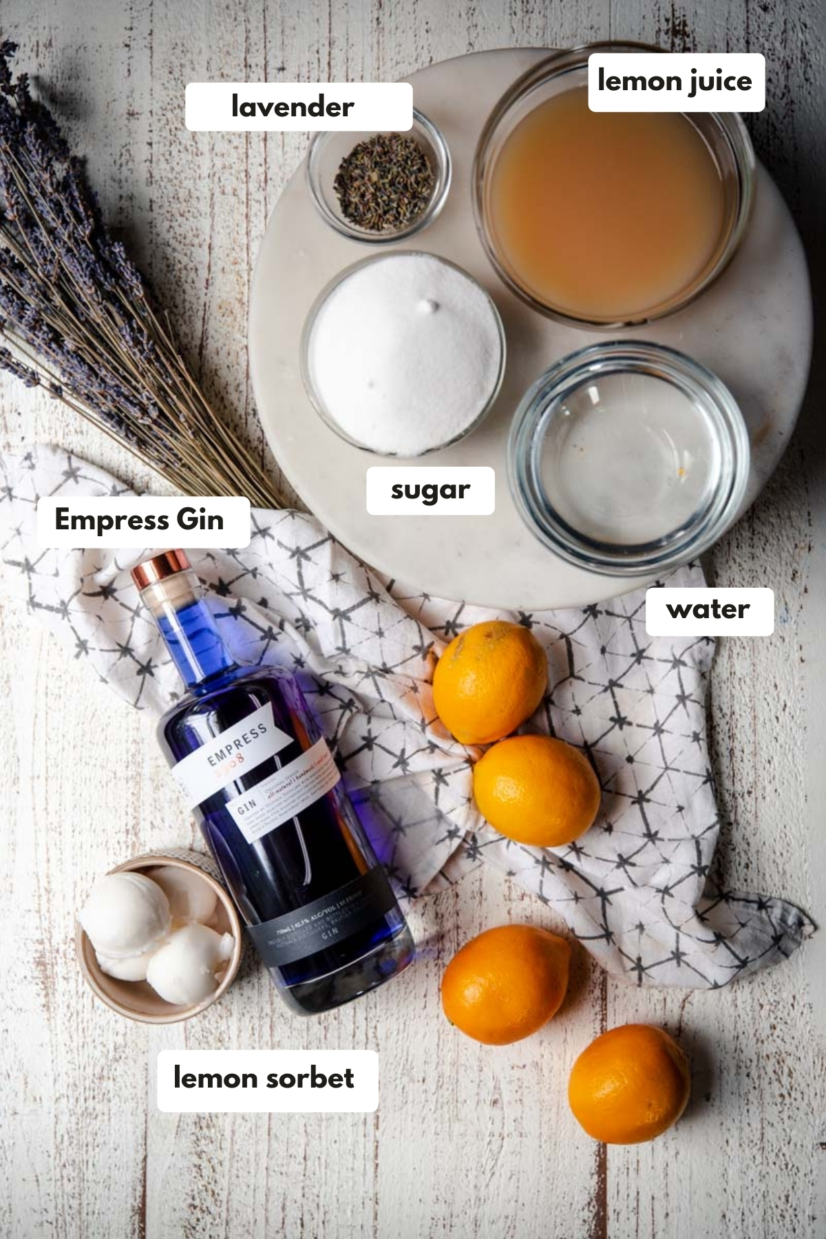 labeled ingredients for lavender lemonade floats