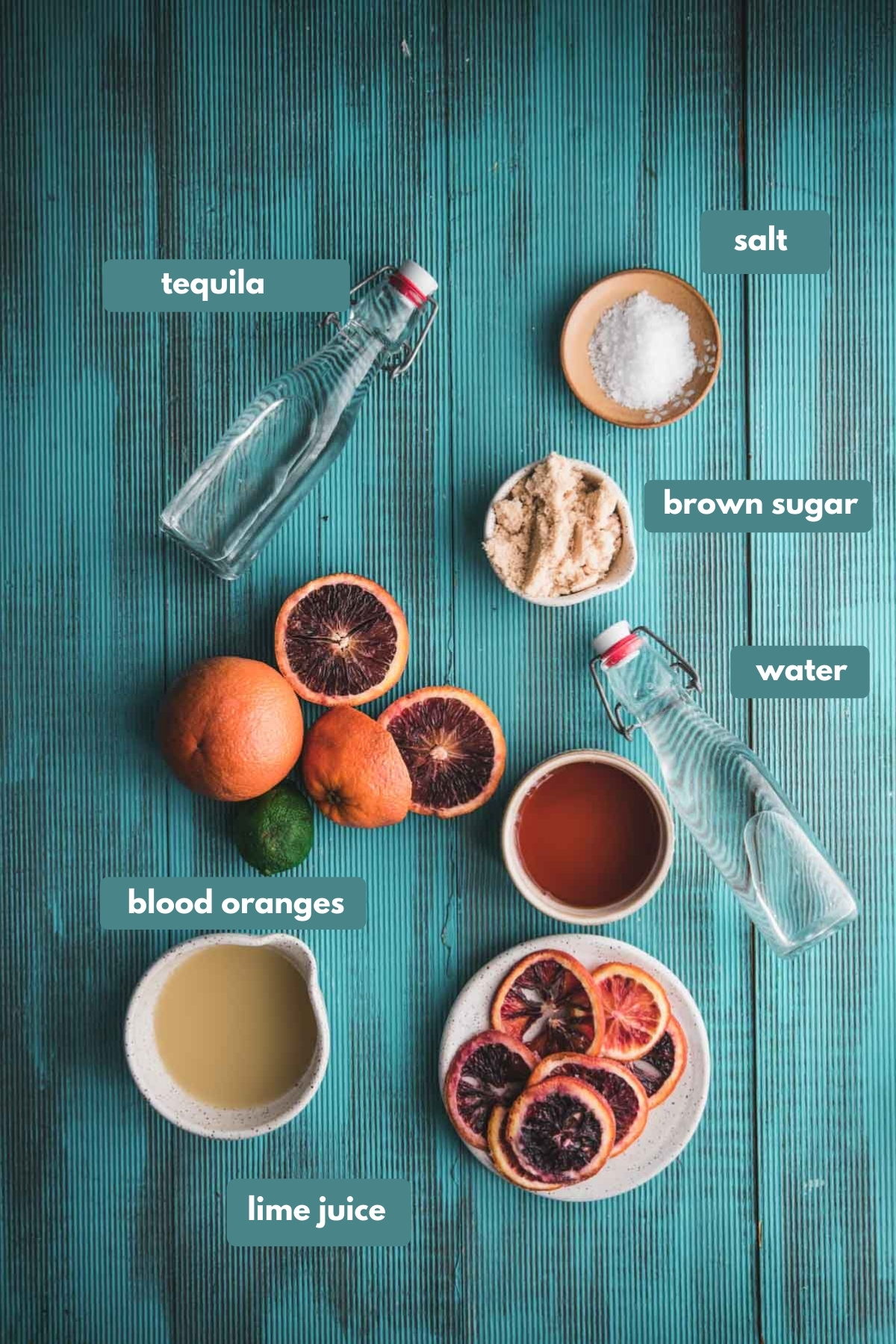 labeled ingredients for blood orange margaritas