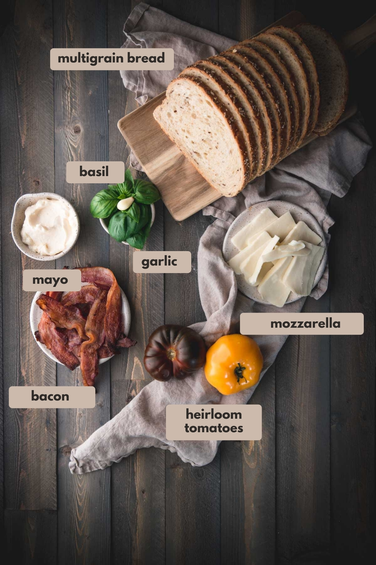 labeled ingredients for caprese and bacon sandwich